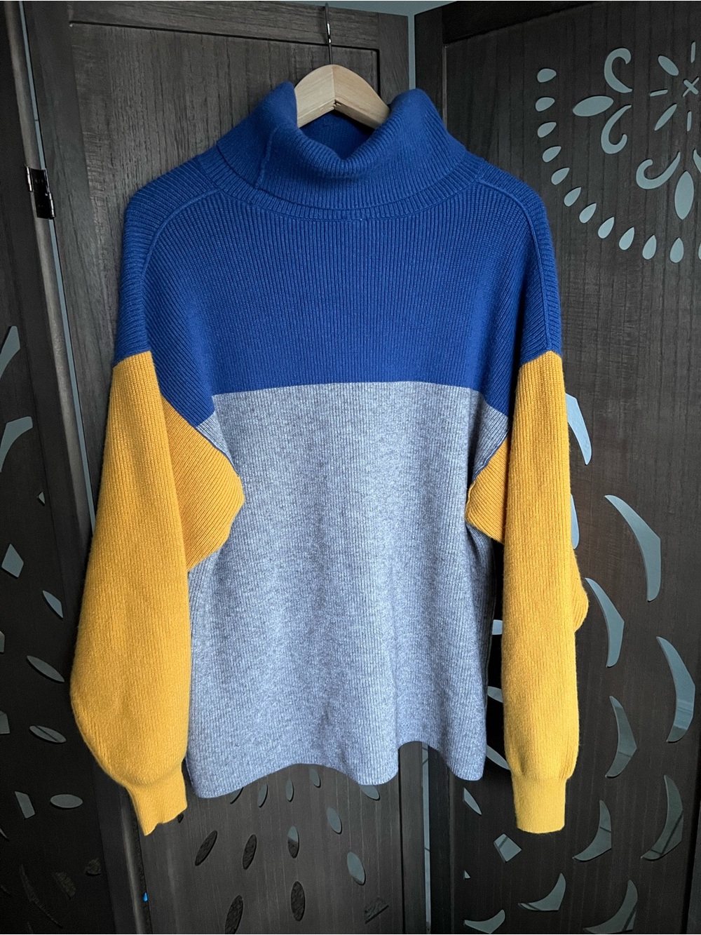 Free People Colorblock Cowlneck Sweater in Blue, Gray & Mustard